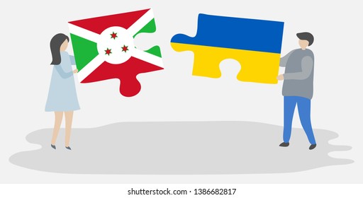 Couple holding two puzzles pieces with Burundian and Ukrainian flags. Burundi and Ukraine national symbols together.