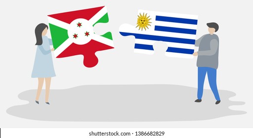 Couple holding two puzzles pieces with Burundian and Uruguayan flags. Burundi and Uruguay national symbols together.