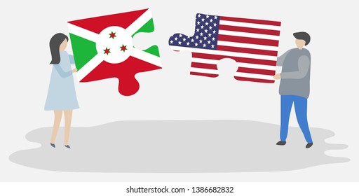 Couple holding two puzzles pieces with Burundian and American flags. Burundi and United States of America national symbols together.