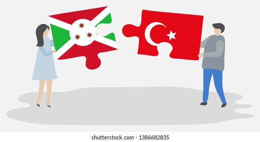 Couple holding two puzzles pieces with Burundian and Turkish flags. Burundi and Turkey national symbols together.