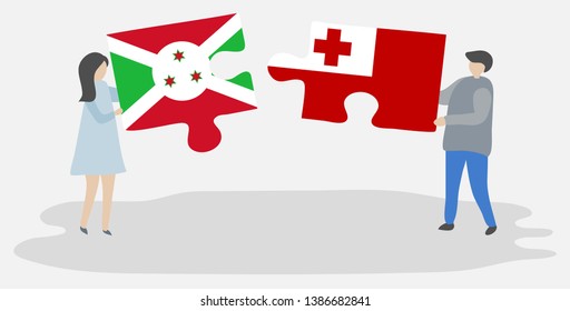 Couple holding two puzzles pieces with Burundian and Tongan flags. Burundi and Tonga national symbols together.