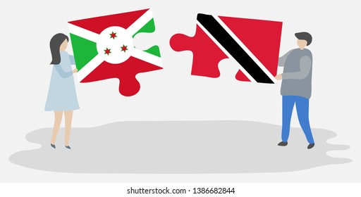 Couple holding two puzzles pieces with Burundian and Trinidadian flags. Burundi and Trinidad and Tobago national symbols together.