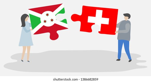 Couple holding two puzzles pieces with Burundian and Swiss flags. Burundi and Switzerland national symbols together.