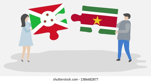 Couple holding two puzzles pieces with Burundian and Surinamese flags. Burundi and Suriname national symbols together.