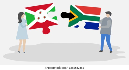 Couple holding two puzzles pieces with Burundian and South African flags. Burundi and South Africa national symbols together.
