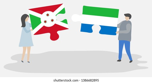 Couple holding two puzzles pieces with Burundian and Sierra Leonean flags. Burundi and Sierra Leone national symbols together.