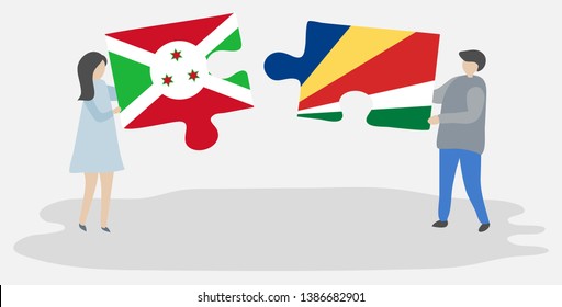 Couple holding two puzzles pieces with Burundian and Seychellois flags. Burundi and Seychelles national symbols together.