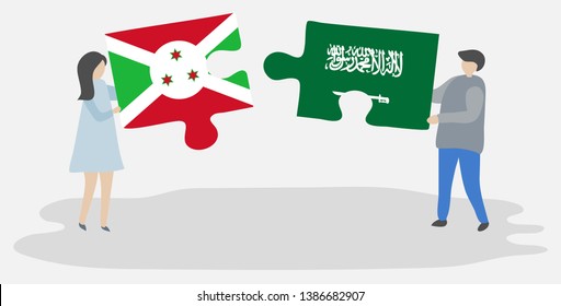 Couple holding two puzzles pieces with Burundian and Saudi Arabian flags. Burundi and Saudi Arabia national symbols together.