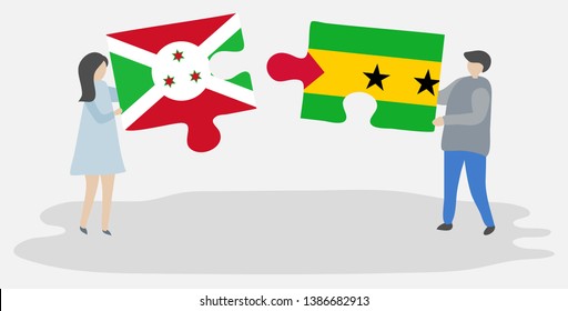 Couple holding two puzzles pieces with Burundian and Sao Tomean flags. Burundi and Sao Tome and Principe national symbols together.