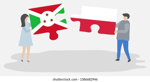 Couple holding two puzzles pieces with Burundian and Polish flags. Burundi and Poland national symbols together.