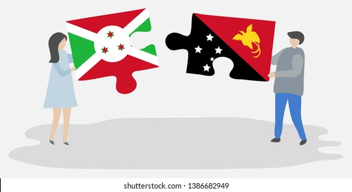 Couple holding two puzzles pieces with Burundian and Papuan flags. Burundi and Papua New Guinea national symbols together.