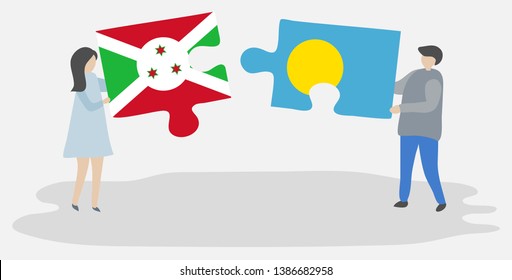 Couple holding two puzzles pieces with Burundian and Palauan flags. Burundi and Palau national symbols together.