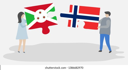 Couple holding two puzzles pieces with Burundian and Norwegian flags. Burundi and Norway national symbols together.