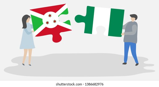 Couple holding two puzzles pieces with Burundian and Nigerian flags. Burundi and Nigeria national symbols together.