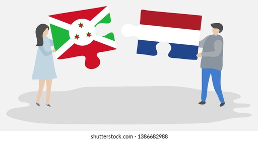 Couple holding two puzzles pieces with Burundian and Dutch flags. Burundi and Netherlands national symbols together.