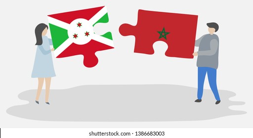 Couple holding two puzzles pieces with Burundian and Moroccan flags. Burundi and Morocco national symbols together.