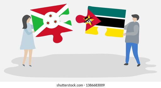 Couple holding two puzzles pieces with Burundian and Mozambican flags. Burundi and Mozambique national symbols together.
