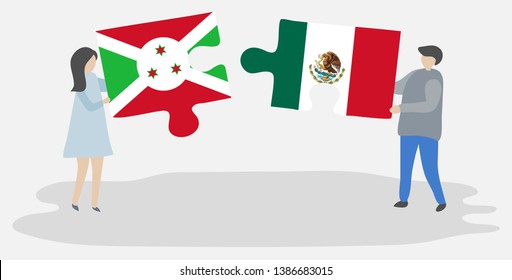Couple holding two puzzles pieces with Burundian and Mexican flags. Burundi and Mexico national symbols together.