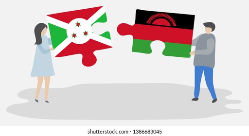 Couple holding two puzzles pieces with Burundian and Malawian flags. Burundi and Malawi national symbols together.
