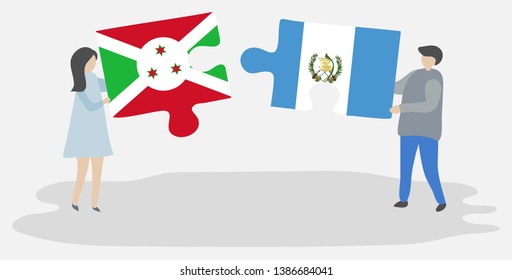 Couple holding two puzzles pieces with Burundian and Guatemalan flags. Burundi and Guatemala national symbols together.