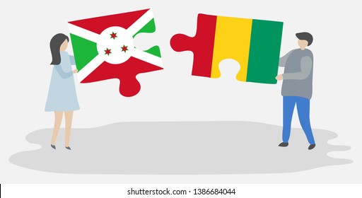 Couple holding two puzzles pieces with Burundian and Guinean flags. Burundi and Guinea national symbols together.