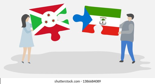 Couple holding two puzzles pieces with Burundian and Equatorial Guinean flags. Burundi and Equatorial Guinea national symbols together.
