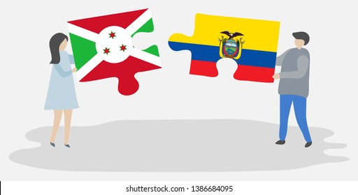 Couple holding two puzzles pieces with Burundian and Ecuadorian flags. Burundi and Ecuador national symbols together.