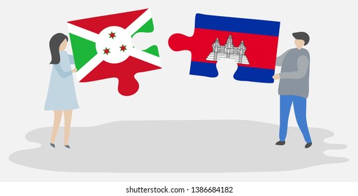 Couple holding two puzzles pieces with Burundian and Cambodian flags. Burundi and Cambodia national symbols together.