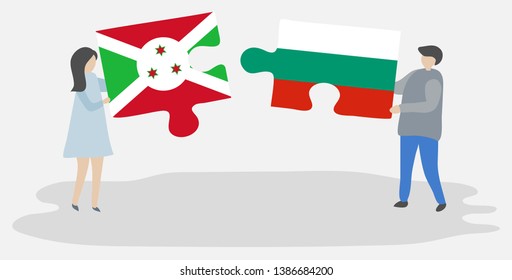 Couple holding two puzzles pieces with Burundian and Bulgarian flags. Burundi and Bulgaria national symbols together.