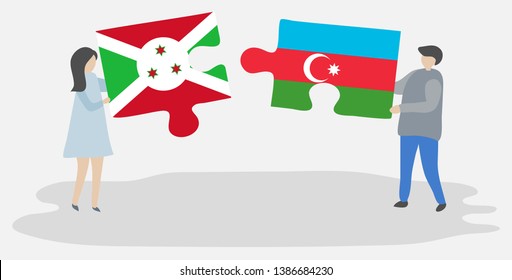 Couple holding two puzzles pieces with Burundian and Azerbaijani flags. Burundi and Azerbaijan national symbols together.