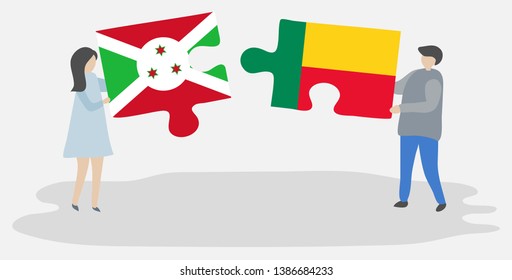 Couple holding two puzzles pieces with Burundian and Beninese flags. Burundi and Benin national symbols together.