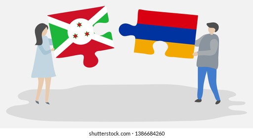Couple holding two puzzles pieces with Burundian and Armenian flags. Burundi and Armenia national symbols together.