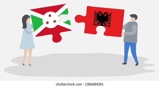 Couple holding two puzzles pieces with Burundian and Albanian flags. Burundi and Albania national symbols together.