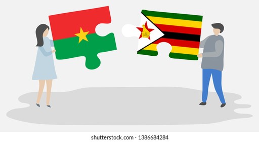 Couple holding two puzzles pieces with Burkinabe and Zimbabwean flags. Burkina Faso and Zimbabwe national symbols together.