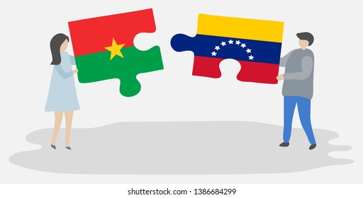 Couple holding two puzzles pieces with Burkinabe and Venezuelan flags. Burkina Faso and Venezuela national symbols together.