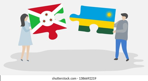 Couple holding two puzzles pieces with Burundian and Rwandan flags. Burundi and Rwanda national symbols together.