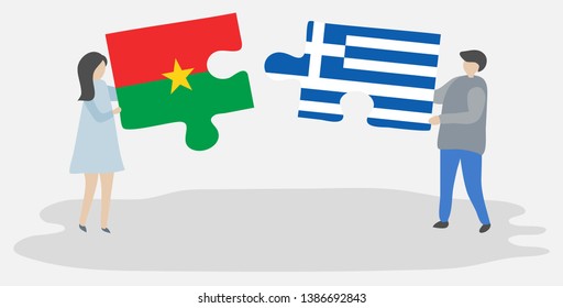 Couple holding two puzzles pieces with Burkinabe and Greek flags. Burkina Faso and Greece national symbols together.