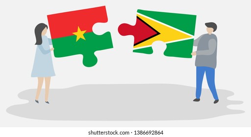 Couple holding two puzzles pieces with Burkinabe and Guyanese flags. Burkina Faso and Guyana national symbols together.