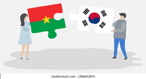 Couple holding two puzzles pieces with Burkinabe and South Korean flags. Burkina Faso and South Korea national symbols together.