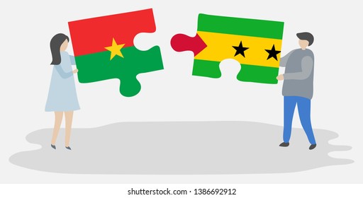 Couple holding two puzzles pieces with Burkinabe and Sao Tomean flags. Burkina Faso and Sao Tome and Principe national symbols together.