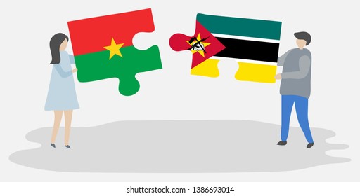Couple holding two puzzles pieces with Burkinabe and Mozambican flags. Burkina Faso and Mozambique national symbols together.