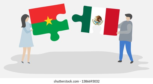 Couple holding two puzzles pieces with Burkinabe and Mexican flags. Burkina Faso and Mexico national symbols together.