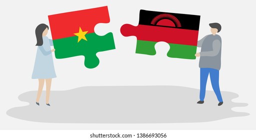 Couple holding two puzzles pieces with Burkinabe and Malawian flags. Burkina Faso and Malawi national symbols together.