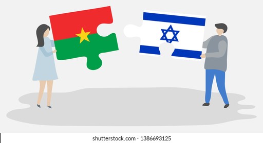 Couple holding two puzzles pieces with Burkinabe and Israeli flags. Burkina Faso and Israel national symbols together.