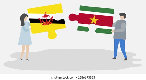 Couple holding two puzzles pieces with Bruneian and Surinamese flags. Brunei and Suriname national symbols together.