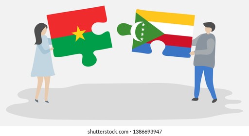 Couple holding two puzzles pieces with Burkinabe and Comoran flags. Burkina Faso and Comoros national symbols together.