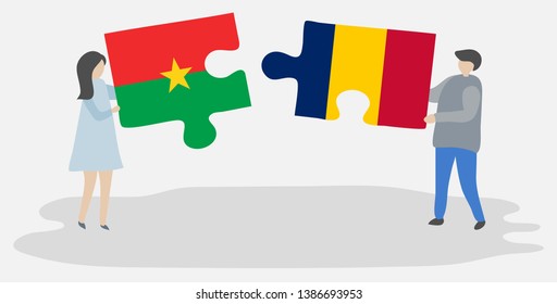 Couple holding two puzzles pieces with Burkinabe and Chadian flags. Burkina Faso and Chad national symbols together.