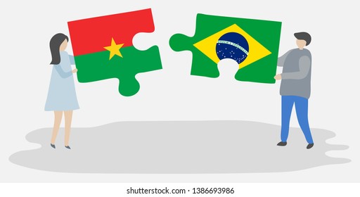 Couple holding two puzzles pieces with Burkinabe and Brazilian flags. Burkina Faso and Brazil national symbols together.