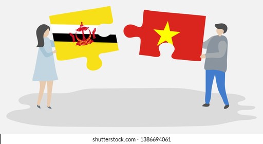 Couple holding two puzzles pieces with Bruneian and Vietnamese flags. Brunei and Vietnam national symbols together.