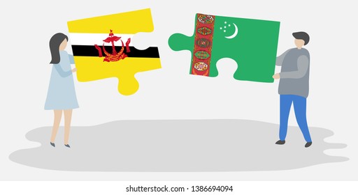 Couple holding two puzzles pieces with Bruneian and Turkmen flags. Brunei and Turkmenistan national symbols together.